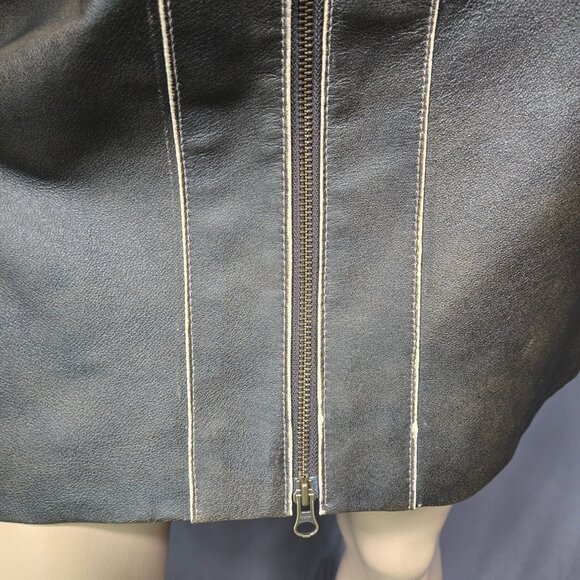 Y2K Brown leather Mini Skirt Size M Belted Zip Front Distressed Lined - Picture 3 of 10